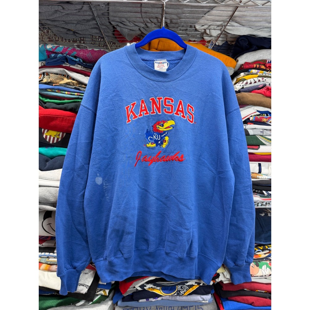Vintage Jerzees Kansas Jayhawks Sweatshirt Blue Embroidered Super Sweats Mens XL